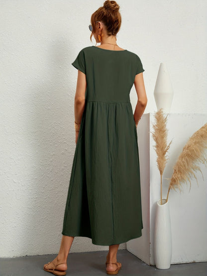 Sage | Short Sleeve Round Neck Gathered Waist Relaxed Maxi Dress