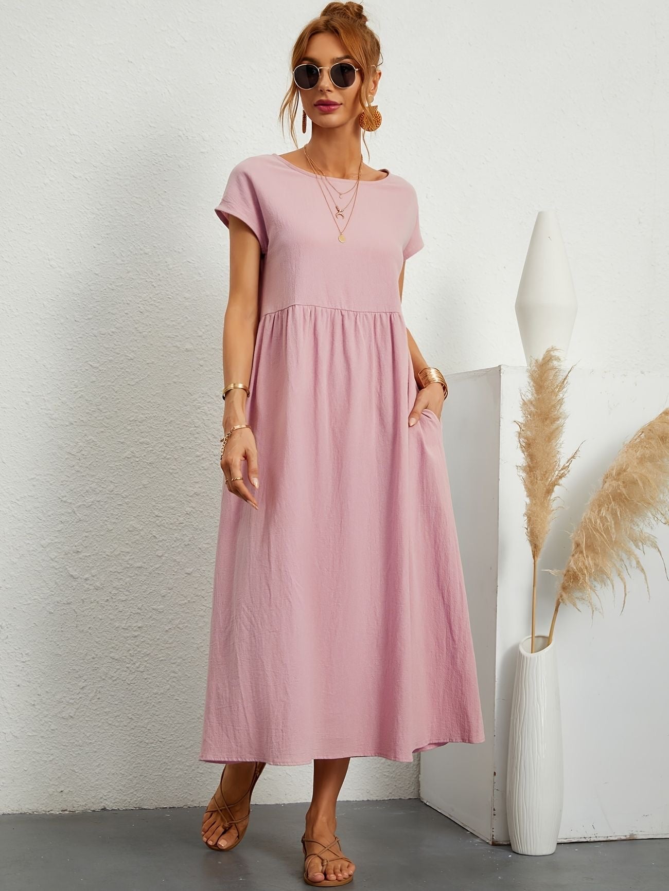 Sage | Short Sleeve Round Neck Gathered Waist Relaxed Maxi Dress