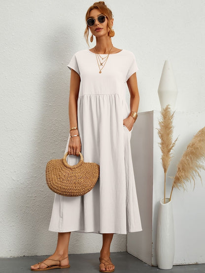 Sage | Short Sleeve Round Neck Gathered Waist Relaxed Maxi Dress