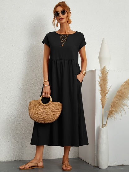 Sage | Short Sleeve Round Neck Gathered Waist Relaxed Maxi Dress