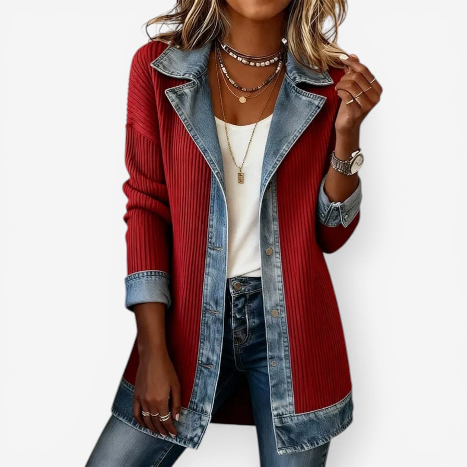 Rosalind Vega | Women's Denim Contrast Layered Collar Jacket