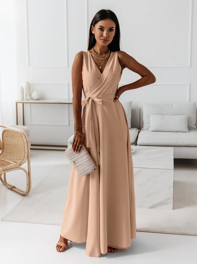Hailey | Wrap V Neck Sleeveless Tie Waist Elegant Flowing Maxi Wedding Guest Dress