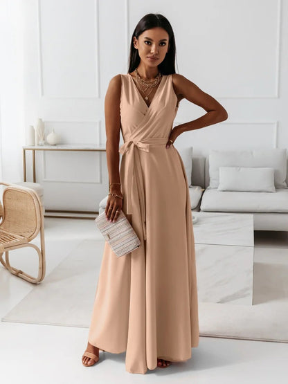 Hailey | Wrap V Neck Sleeveless Tie Waist Elegant Flowing Maxi Wedding Guest Dress