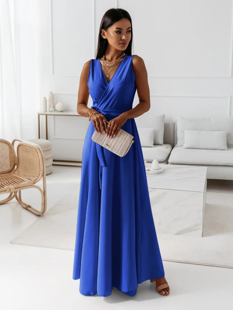 Hailey | Wrap V Neck Sleeveless Tie Waist Elegant Flowing Maxi Wedding Guest Dress