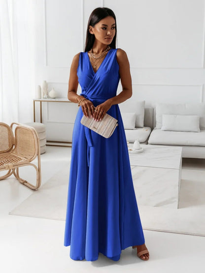 Hailey | Wrap V Neck Sleeveless Tie Waist Elegant Flowing Maxi Wedding Guest Dress