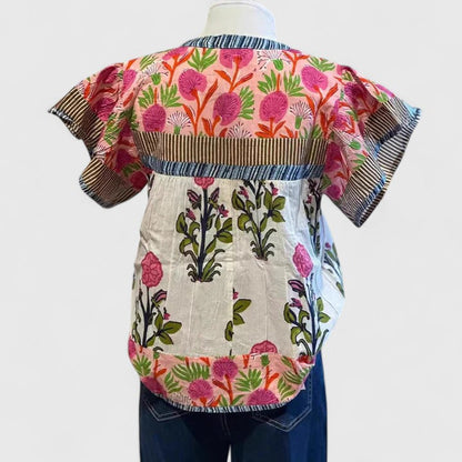 Elarion | Puff Sleeve Mixed Floral Print Notch Neck Relaxed Boho Blouse