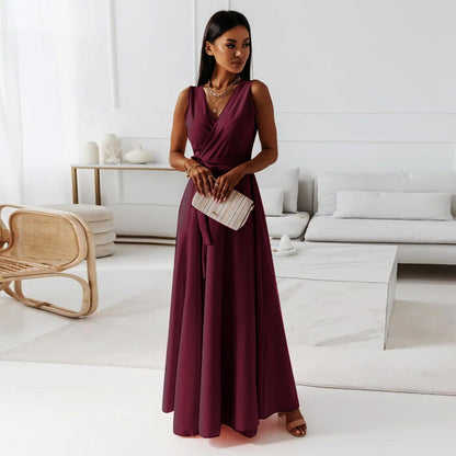 Hailey | Wrap V Neck Sleeveless Tie Waist Elegant Flowing Maxi Wedding Guest Dress