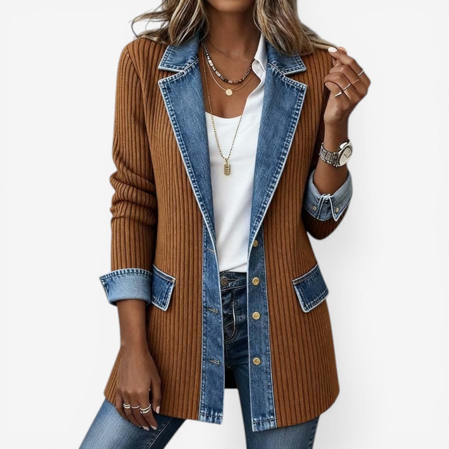 Rosalind Vega | Women's Denim Contrast Layered Collar Jacket