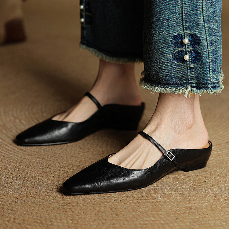 Faye | Women's Pointed Toe Ankle Strap Buckle Flat Mule