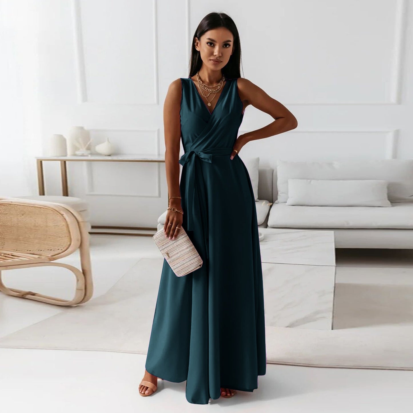 Hailey | Wrap V Neck Sleeveless Tie Waist Elegant Flowing Maxi Wedding Guest Dress