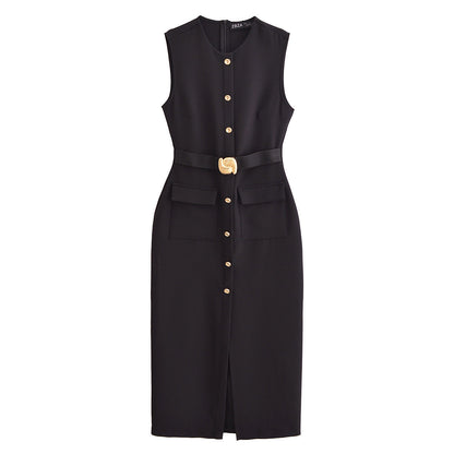 Kate | Sleeveless Button Front Tailored Office Midi Dress