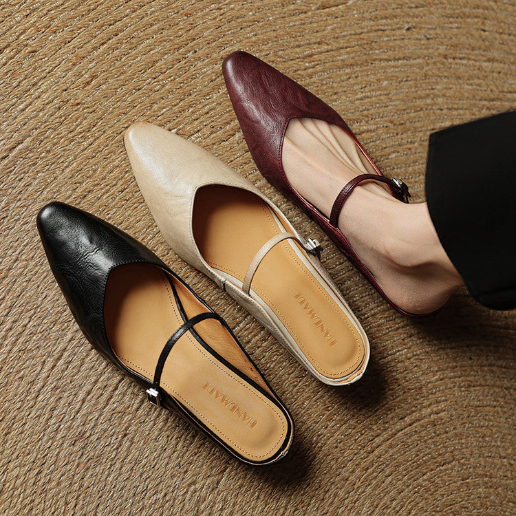 Faye | Women's Pointed Toe Ankle Strap Buckle Flat Mule