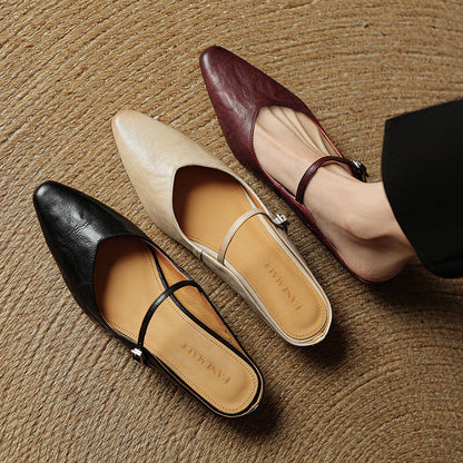 Faye | Women's Pointed Toe Ankle Strap Buckle Flat Mule