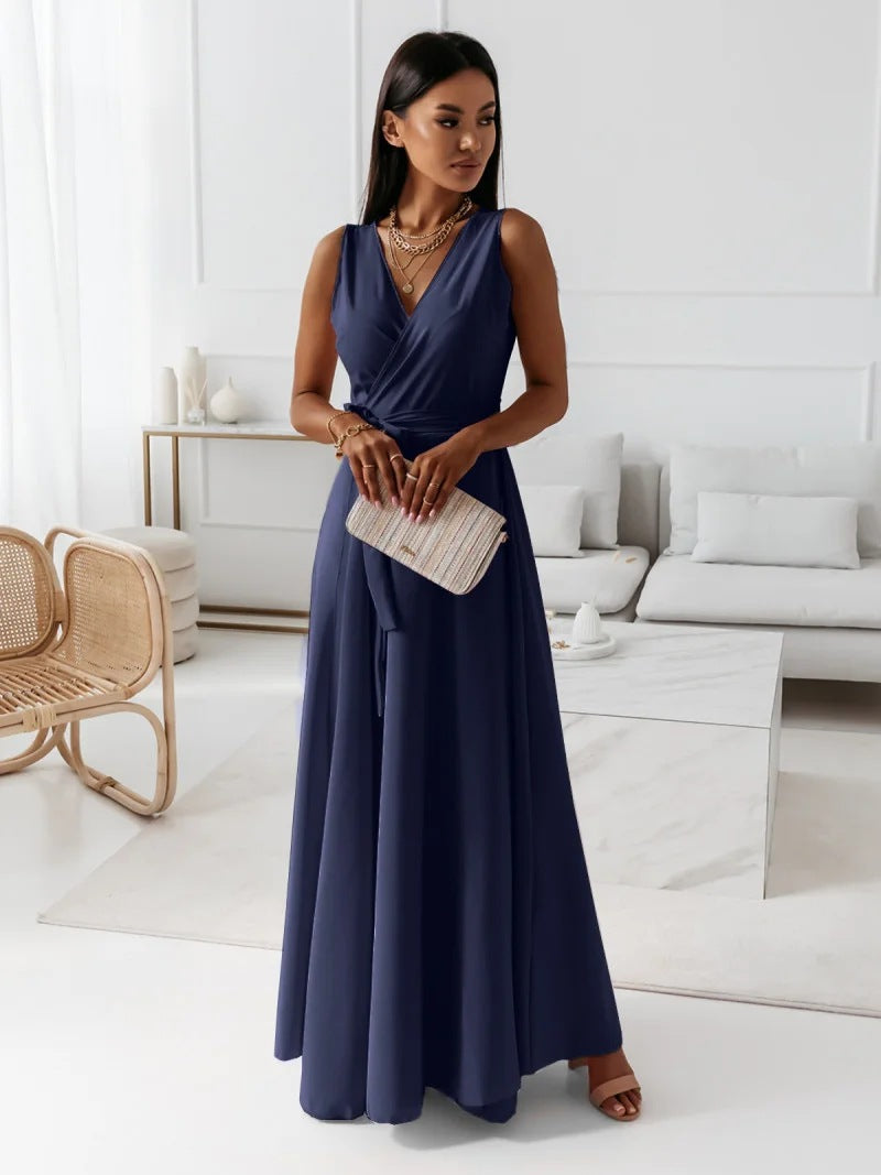 Hailey | Wrap V Neck Sleeveless Tie Waist Elegant Flowing Maxi Wedding Guest Dress