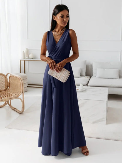Hailey | Wrap V Neck Sleeveless Tie Waist Elegant Flowing Maxi Wedding Guest Dress