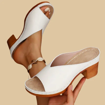 Mitchis | V Cut Open Toe Stacked Block Heel Platform Mule Sandal