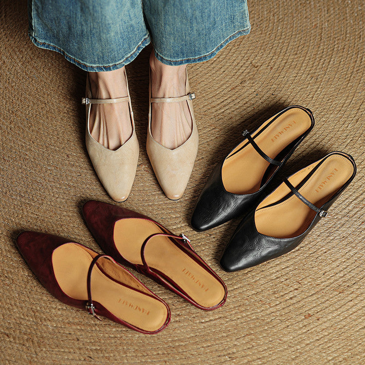 Faye | Women's Pointed Toe Ankle Strap Buckle Flat Mule