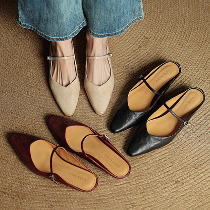 Faye | Women's Pointed Toe Ankle Strap Buckle Flat Mule