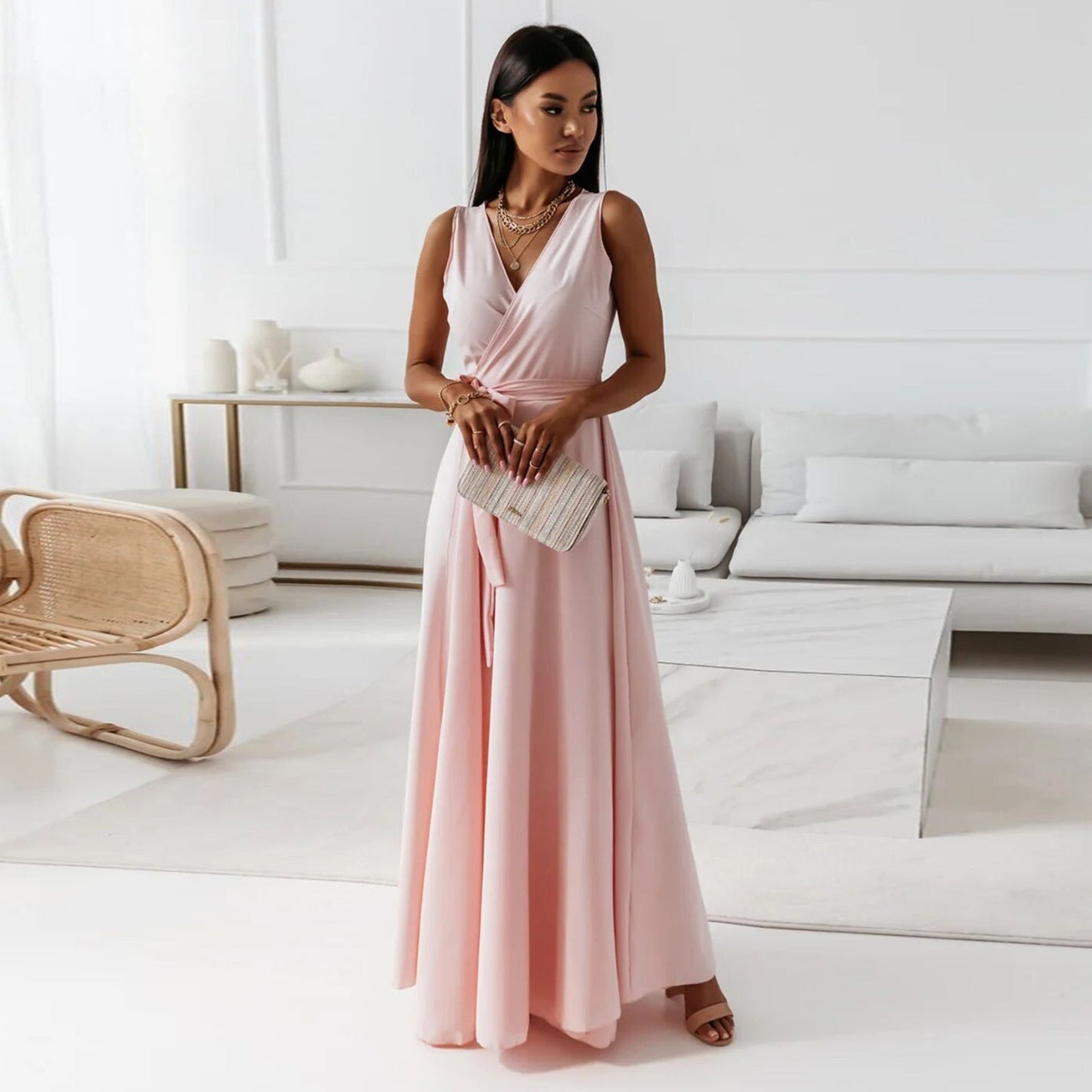 Hailey | Wrap V Neck Sleeveless Tie Waist Elegant Flowing Maxi Wedding Guest Dress