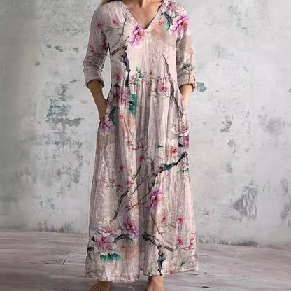 Rosa | Vintage Floral V Neck 3/4 Sleeve Boho Maxi Dress