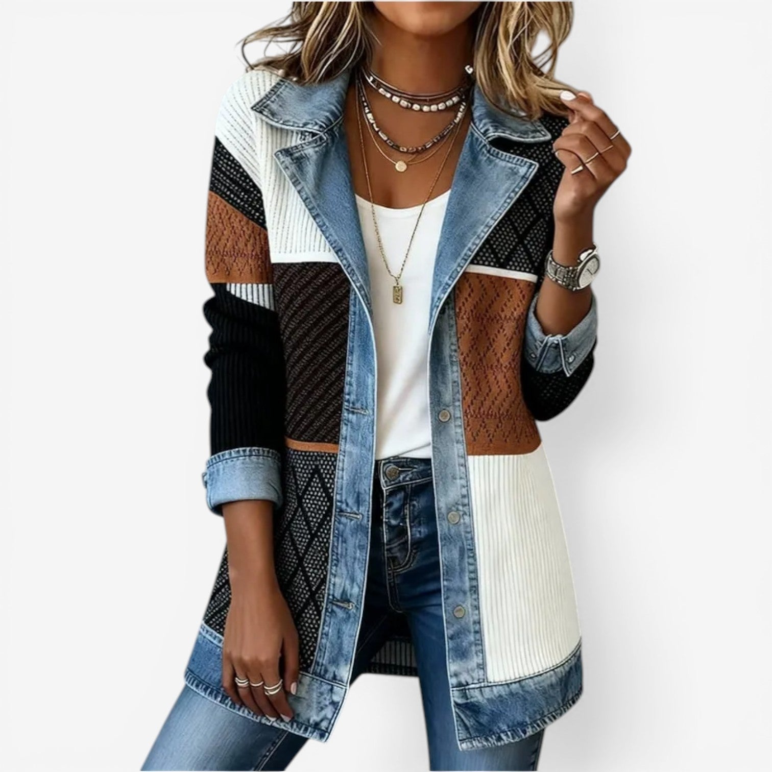 Rosalind Vega | Women's Denim Contrast Layered Collar Jacket