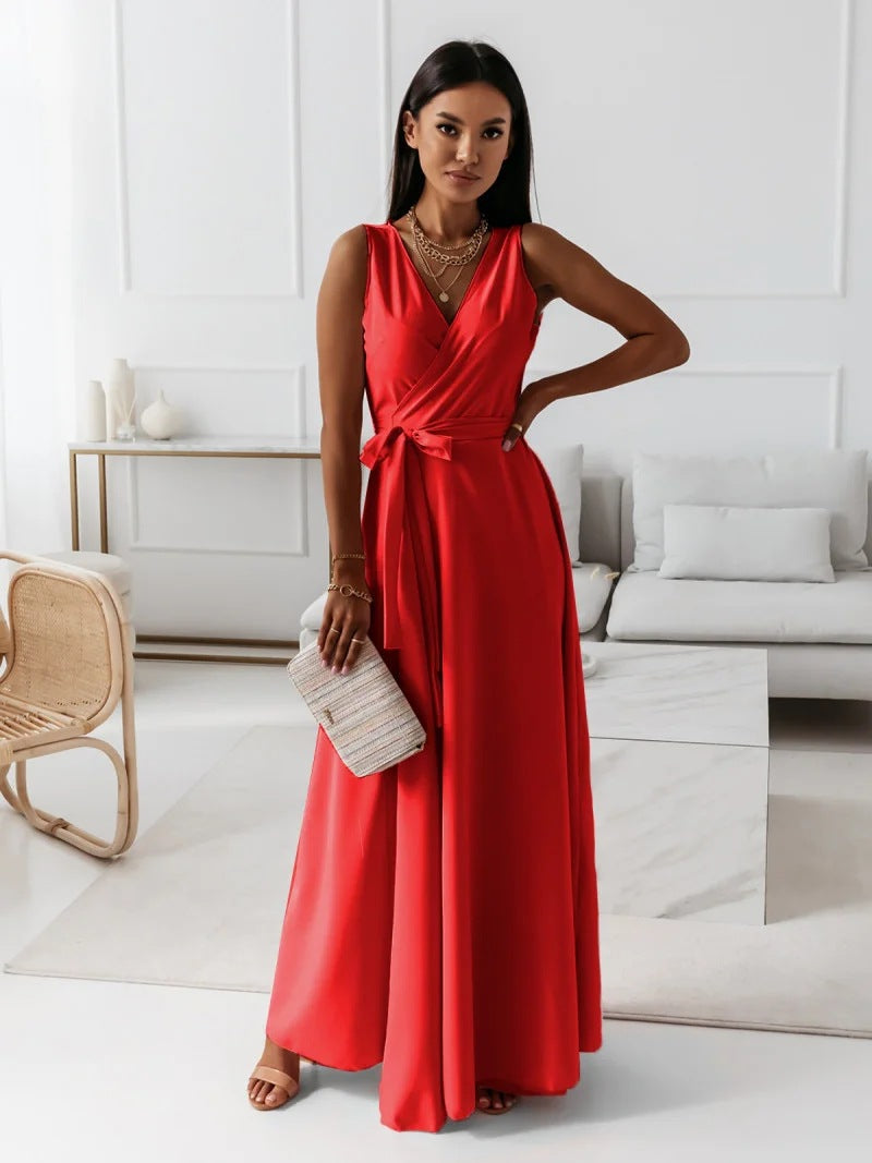 Hailey | Wrap V Neck Sleeveless Tie Waist Elegant Flowing Maxi Wedding Guest Dress