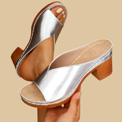 Mitchis | V Cut Open Toe Stacked Block Heel Platform Mule Sandal