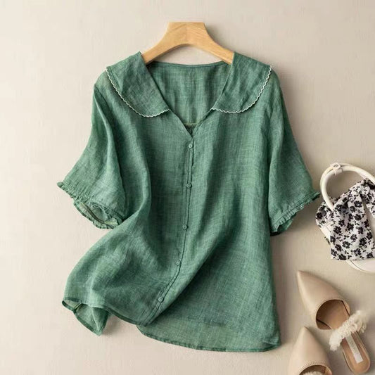Vivian | Puff Sleeve Peter Pan Collar Cotton Linen Blend Blouse