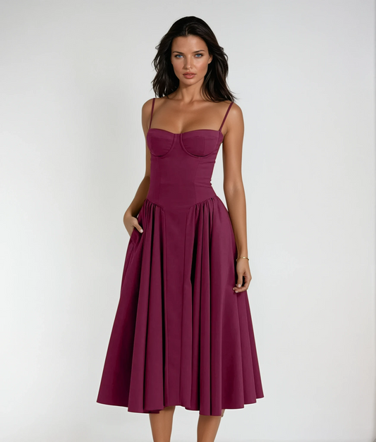 Odette | Corset Bustier Spaghetti Strap Pleated Full Skirt Midi Wedding Guest Dress