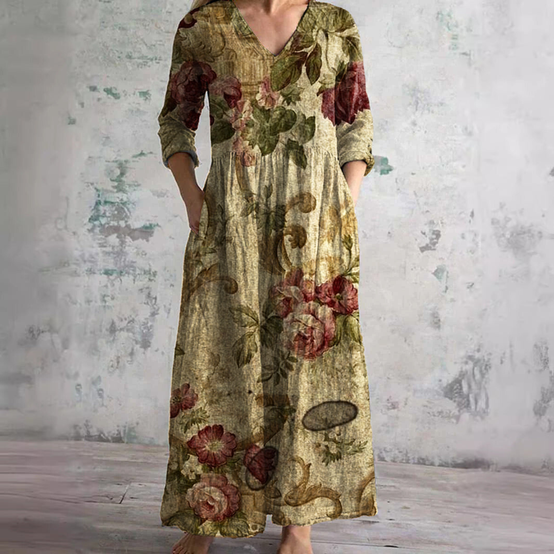 Rosa | Vintage Floral V Neck 3/4 Sleeve Boho Maxi Dress