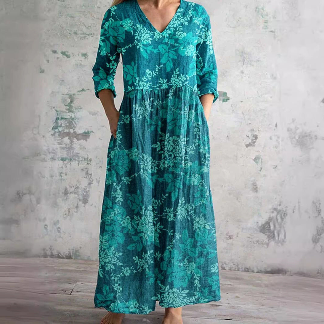 Rosa | Vintage Floral V Neck 3/4 Sleeve Boho Maxi Dress