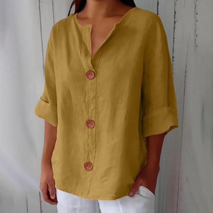 June | V Neck Button Down 3/4 Sleeve Relaxed Casual Blouse