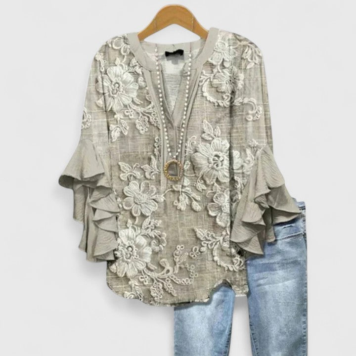 Saryphiah | Ruffle Sleeve Floral Print V Neck Relaxed Blouse