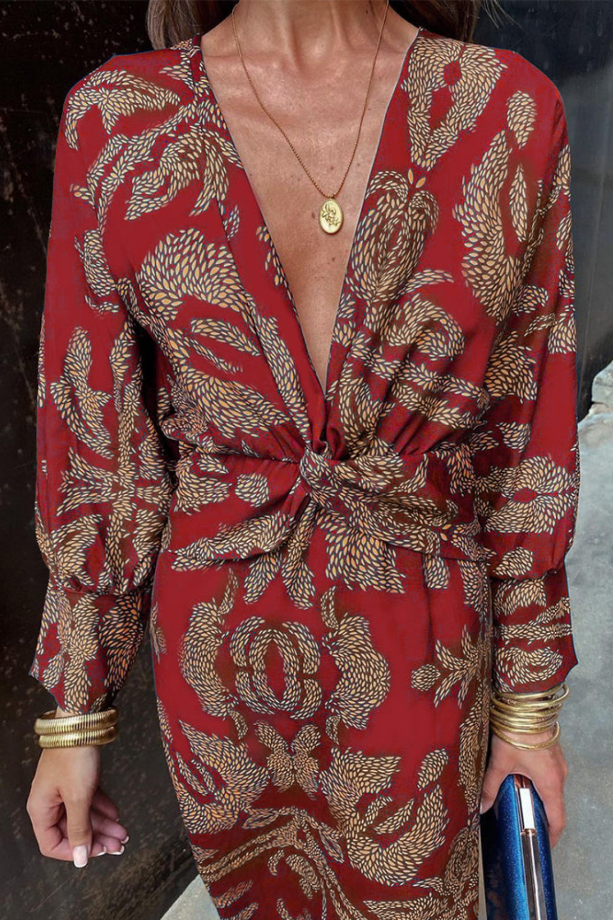 Faye | Printed Twist Front Deep V Neck Midi Dress