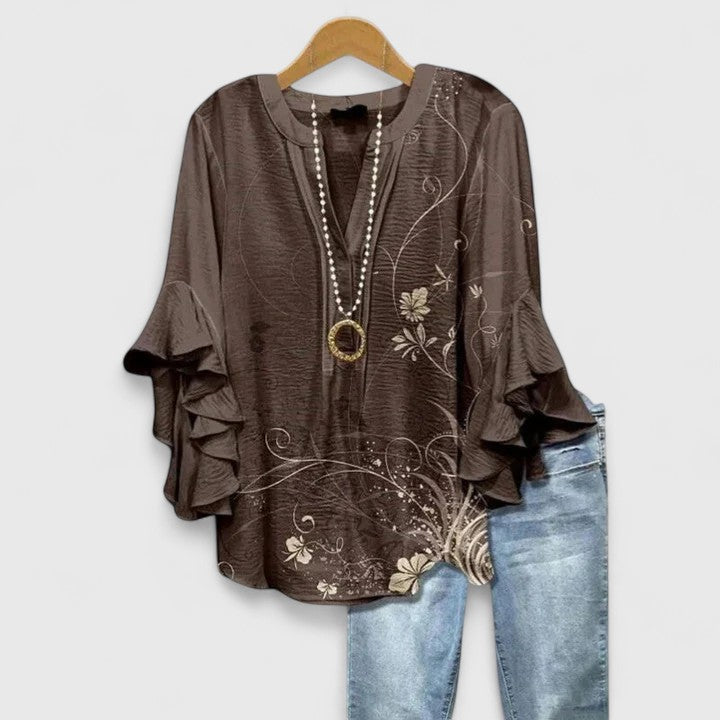 Saryphiah | Ruffle Sleeve Floral Print V Neck Relaxed Blouse