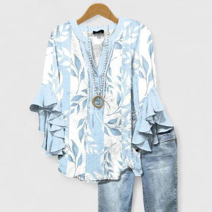 Saryphiah | Ruffle Sleeve Floral Print V Neck Relaxed Blouse