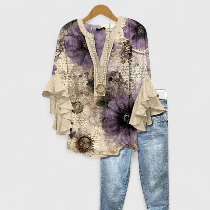 Saryphiah | Ruffle Sleeve Floral Print V Neck Relaxed Blouse