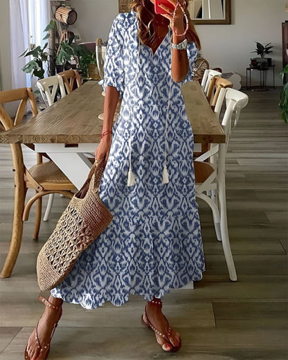 Zara | Tassel Tie V Neck Geometric Print Relaxed Boho Maxi Dress