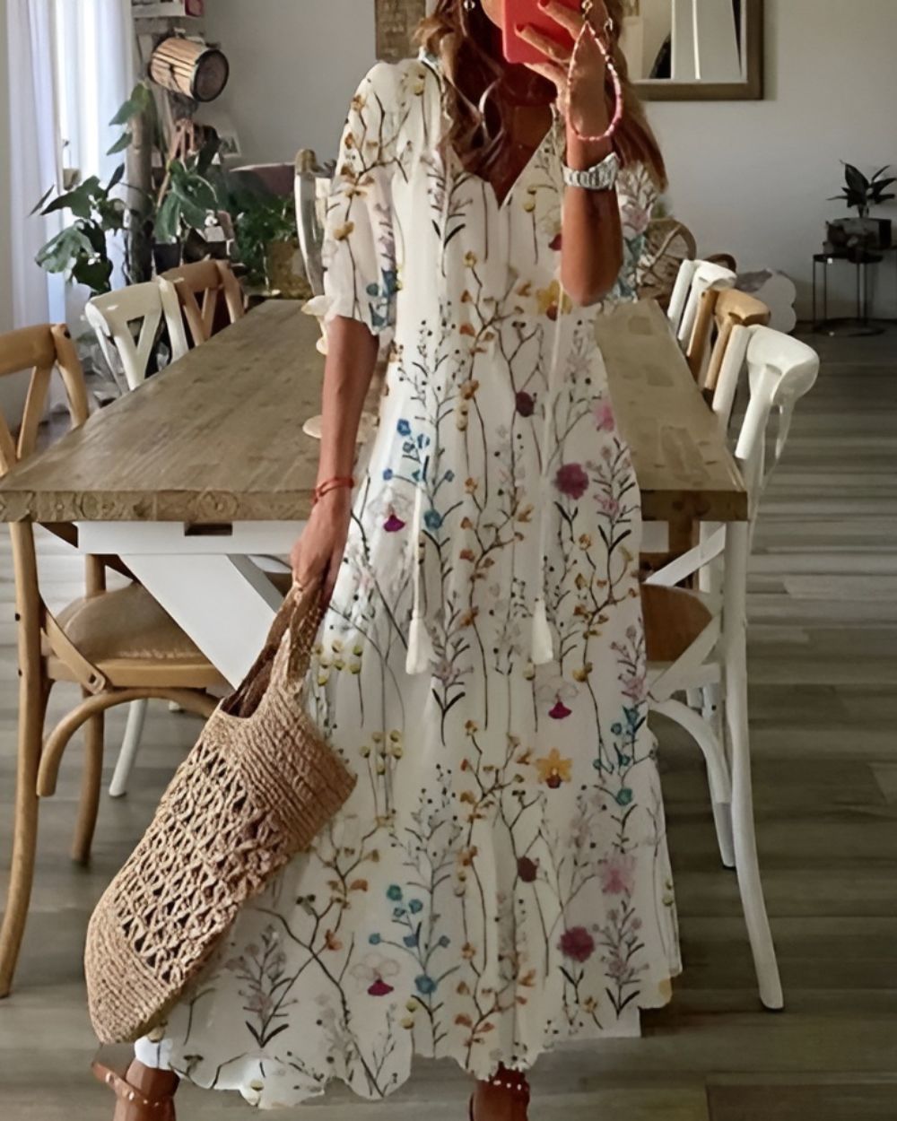 Zara | Tassel Tie V Neck Geometric Print Relaxed Boho Maxi Dress