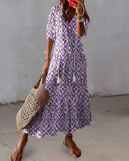 Zara | Tassel Tie V Neck Geometric Print Relaxed Boho Maxi Dress