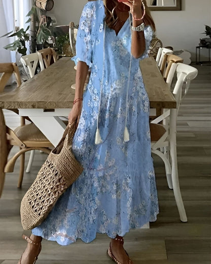 Zara | Tassel Tie V Neck Geometric Print Relaxed Boho Maxi Dress