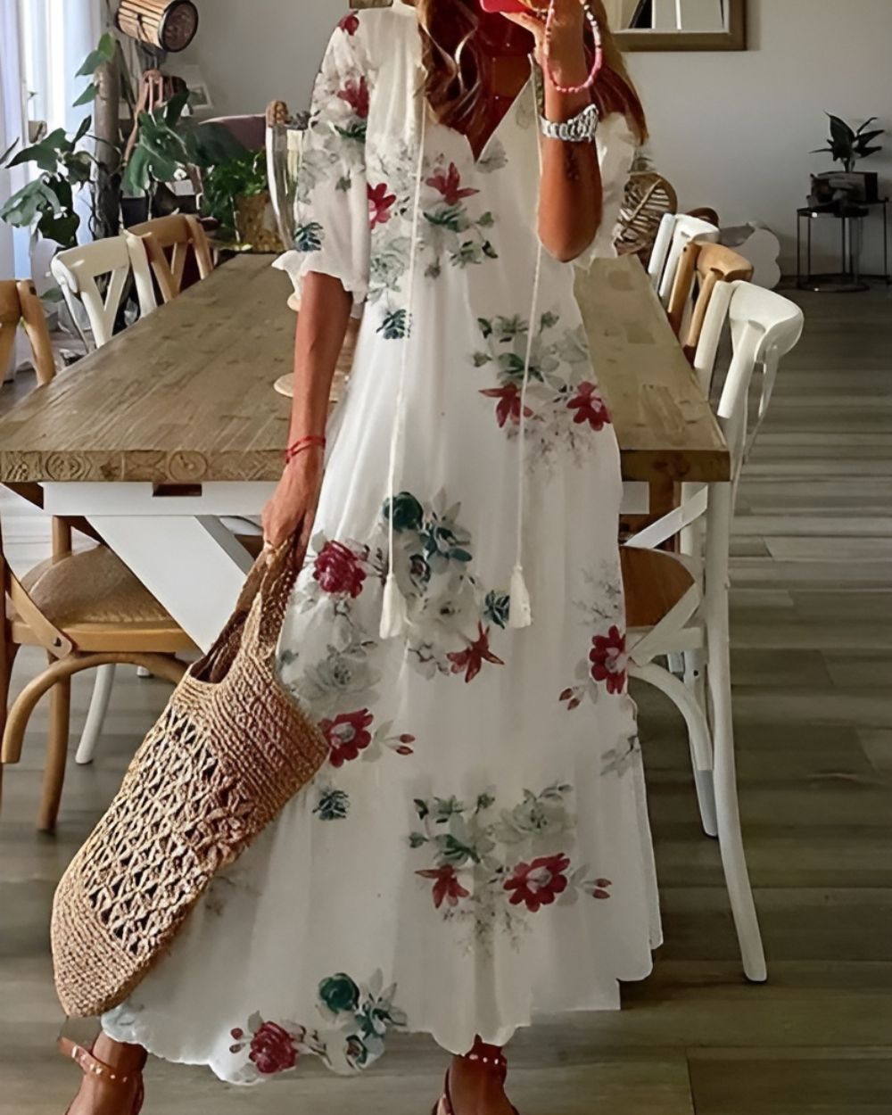Zara | Tassel Tie V Neck Geometric Print Relaxed Boho Maxi Dress