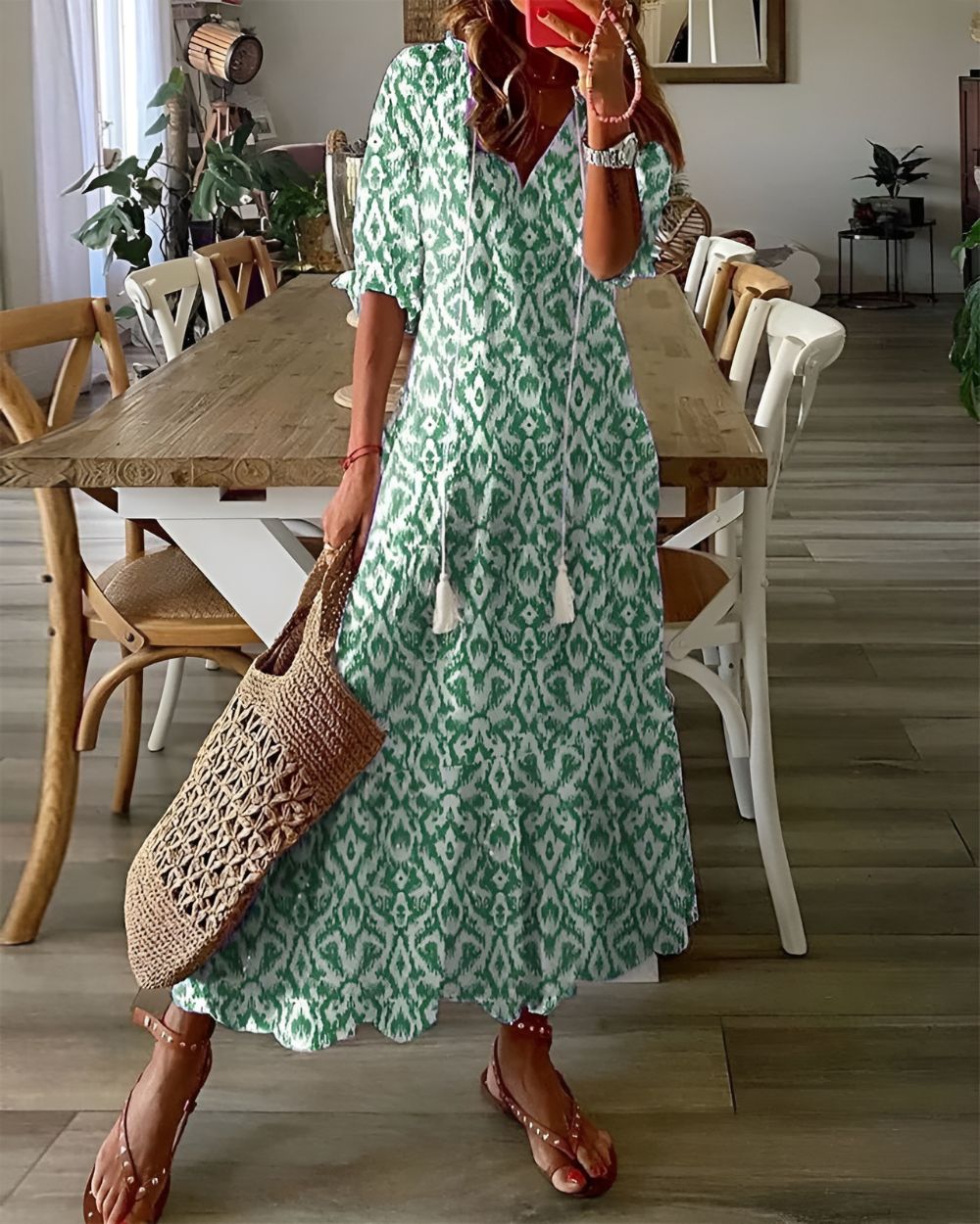 Zara | Tassel Tie V Neck Geometric Print Relaxed Boho Maxi Dress