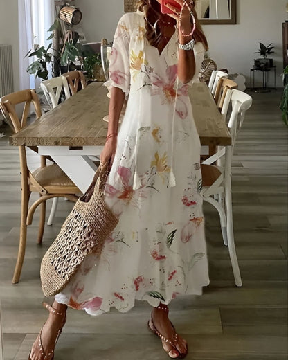Zara | Tassel Tie V Neck Geometric Print Relaxed Boho Maxi Dress