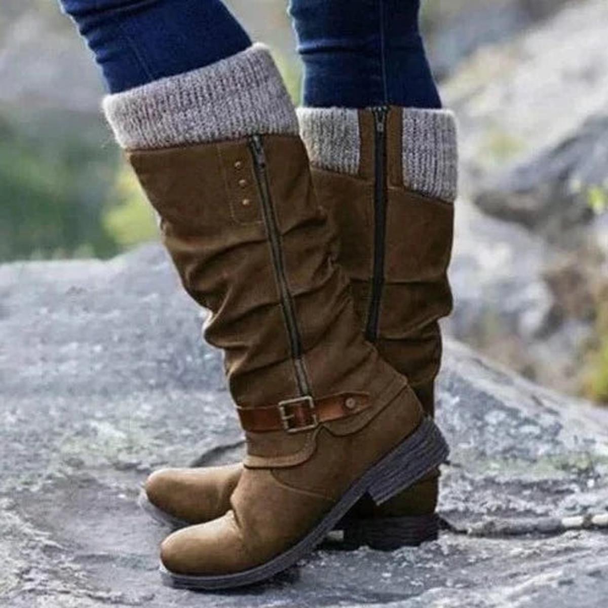 Bexanne | Women's Knitted Cuff Slouch Buckle Mid Calf Boot