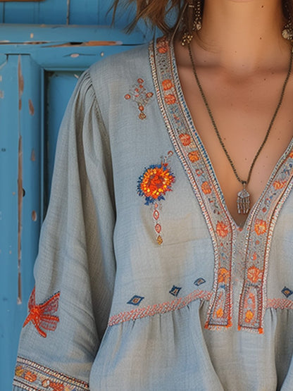 Denise | Embroidered V Neck Flare Sleeve Boho Blouse