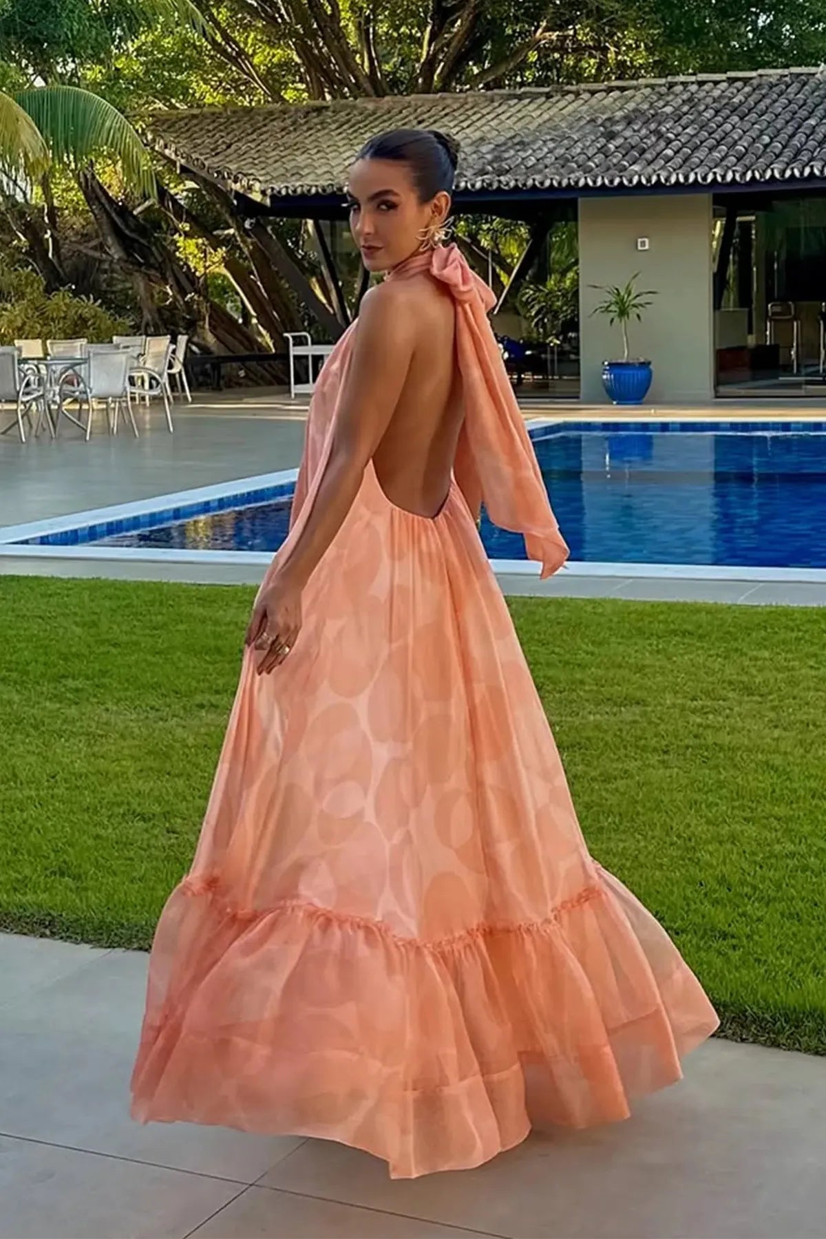 Peach | Printed Halter Neck Tiered Ruffle Hem Flowing Maxi Wedding Guest Dress