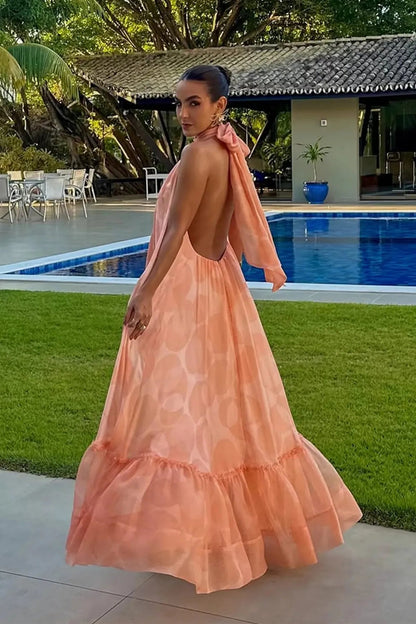 Peach | Printed Halter Neck Tiered Ruffle Hem Flowing Maxi Wedding Guest Dress