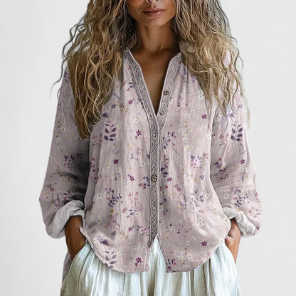 Mykayla | Long Sleeve V Neck Contrast Trim Boho Printed Linen Blouse