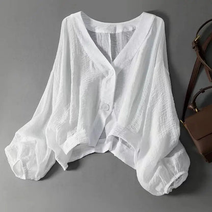 Eliana | Cropped Linen Blend V Neck Single Button Puff Sleeve Blouse